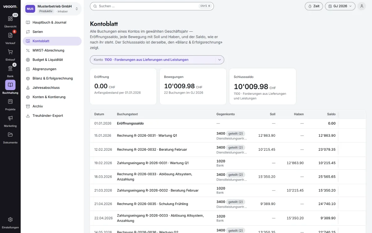 Bildschirmfoto der Veoom Business Suite: das Kontoblatt des Kontos 1100 mit Eröffnung, Bewegungen, Schlusssaldo und jeder Buchung mit Gegenkonto und laufendem Saldo. Musterdaten der erfundenen Musterbetrieb GmbH.